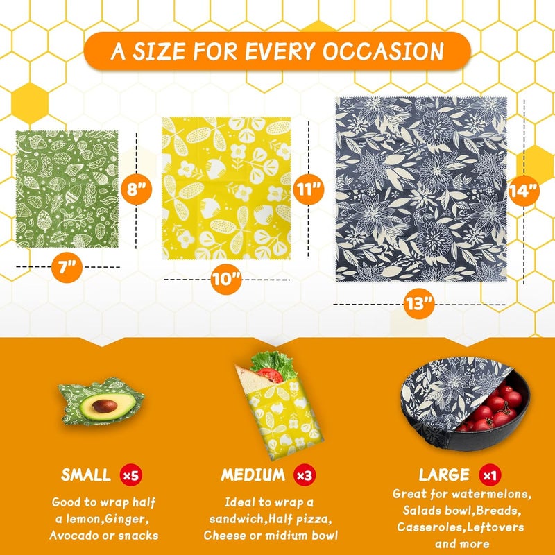 PICcircuit Organic Beeswax Wrap - Reusable Food Wrap Set, 9 Pack - 1L, 5M, 3S Flower Patterns - Sustainable, Sandwich Storage - Image 3